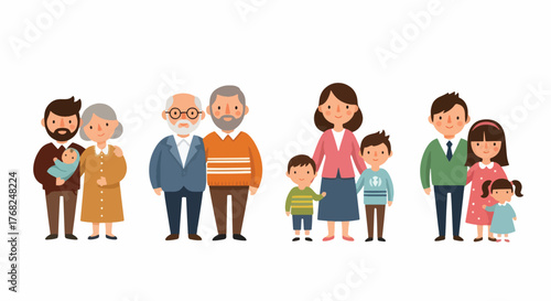 Illustration of diverse family groups, showcasing different generations and relationships