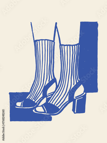 high heels with socks minimalist blue line sketch vector illustration