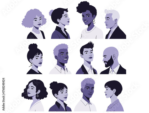 Vector illustration of set of diverse cartoon portraits showing profile views of people with different hairstyles and skin tones