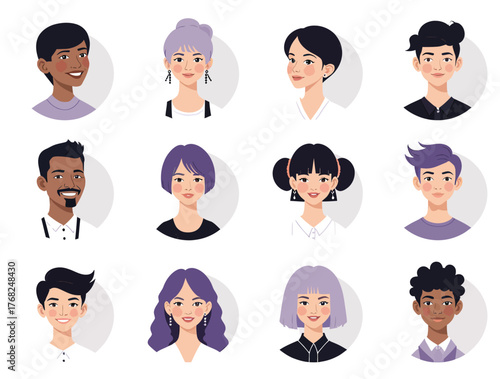 Vector illustration of collection of diverse cartoon avatars with various hairstyles and skin tones