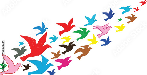 Colorful birds flying in formation, , symbolizing freedom, peace, and unity in diversity
