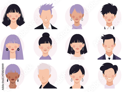 Vector illustration of group of stylized cartoon avatars with unique hairstyles and varied skin tones