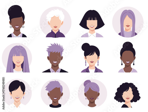 Vector illustration of collection of diverse people avatars, men and women with various hairstyles and skin tones