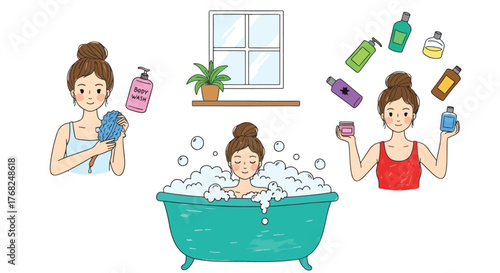 Woman taking bath with bubbles and beauty products, vector illustration of spa