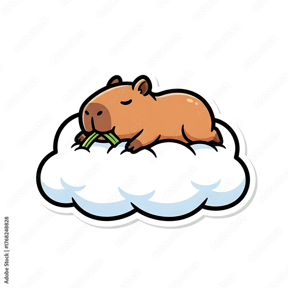 Fototapeta premium Cute capybara eating grass on a cloud isolated on white background