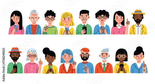 Diverse group of people using smartphones, vector illustration of communication