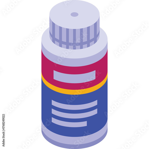 Isometric Illustration Of A Small Container With A Blue Label Yellow Stripe And Pink Band With A White Cap And A Blue And White Striped Rim