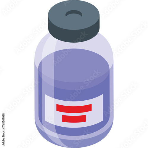 Isometric Illustration of a Small Glass Vial Filled with Light Purple Liquid and a Red Label on a Transparent Background