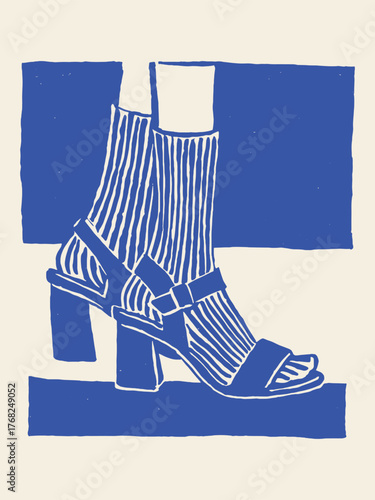 high heels with socks minimalist blue line sketch vector illustration