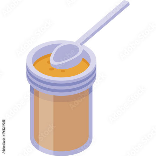 Isometric illustration of a small jar filled with yellow powder and a spoon resting on top on a transparent background