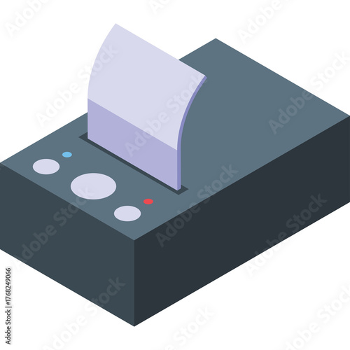 Isometric Illustration Of A Small Gray Thermal Receipt Printer With A Light Blue Paper Roll And Red And Blue Indicator Lights On A Transparent Background