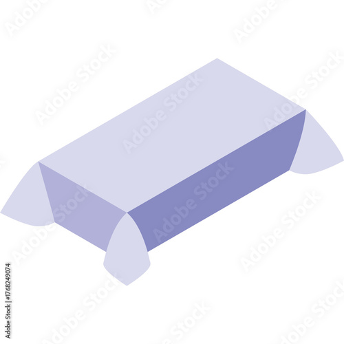 Isometric Illustration Of A Rectangular Table Covered With A Light Purple Tablecloth Against A White Background.