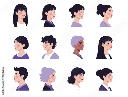 Vector illustration of set of diverse cartoon faces in profile view
