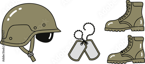 Military Gear Vector Illustration Helmet, Dog Tags, and Boots for Veteran Themes