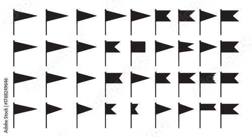 Collection of small black flags isolated on transparent background