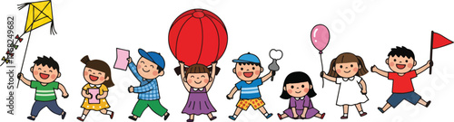 Group of happy children playing and having fun together, cartoon illustration