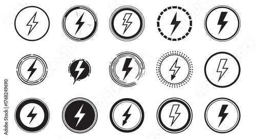 Collection of lightning bolt icons in various styles isolated on transparent background
