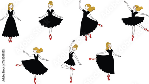 Seven ballerinas in various poses and black dresses, hand drawn illustration