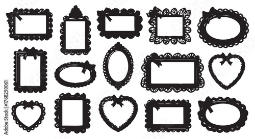 Collection of decorative black frames with bows isolated on transparent background