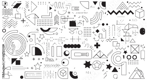 Abstract geometric shapes and patterns with lines and dots, isolated on transparent background