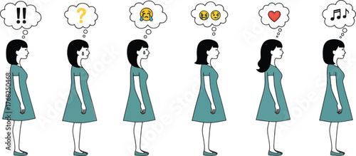 A woman with different emotions and thoughts hand drawn illustration