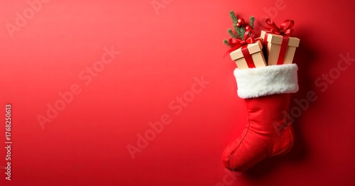 A red sock or boot with Christmas gifts on a green or red background.