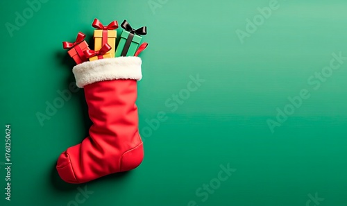 A red sock or boot with Christmas gifts on a green or red background.