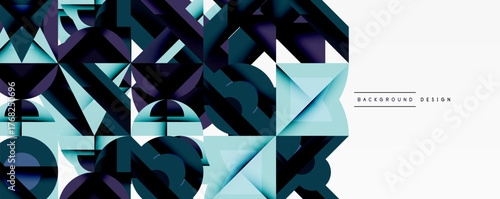 Abstract geometric shapes create dynamic background. Blue, teal, dark shades dominate composition. Minimalist design with clean lines.