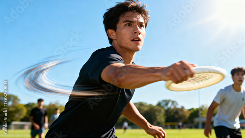 Young Man Throwing Frisbee on a Sunny Day at Outdoor Sports Field