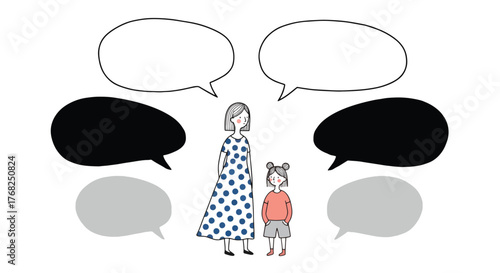 Illustration of a mother and child with speech bubbles