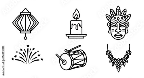 Collection of cultural icons including a lantern, candle, mask, drum, fireworks and necklace created with generated ai
