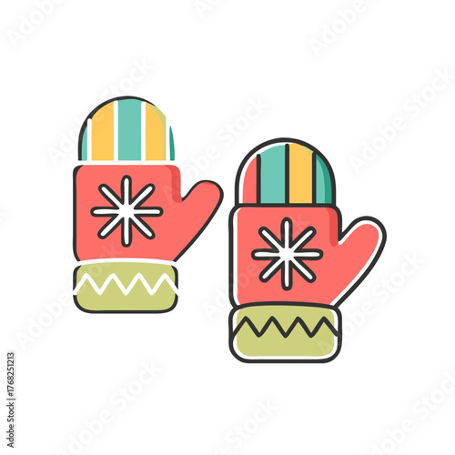 Two mittens with snowflake and stripes art on transparent background