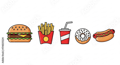 Illustration of a burger, fries, drink, donut, and hotdog arranged in a horizontal line on white created with generated ai
