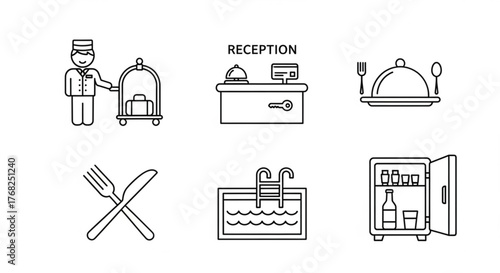 Hotel services icons showing bellhop, reception, room service, dining, pool, and minibar amenities created with generated ai