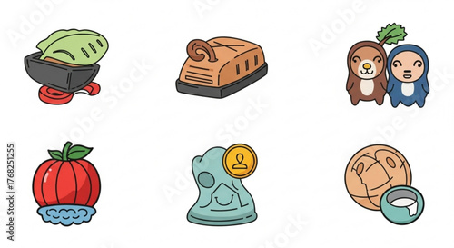 Collection of six cartoon style drawings featuring food items and figures with distinct outlines created with generated ai