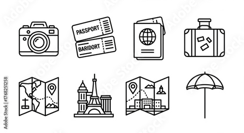 Outline icons representing travel items such as camera, passport, tickets, and suitcase arranged neatly created with generated ai