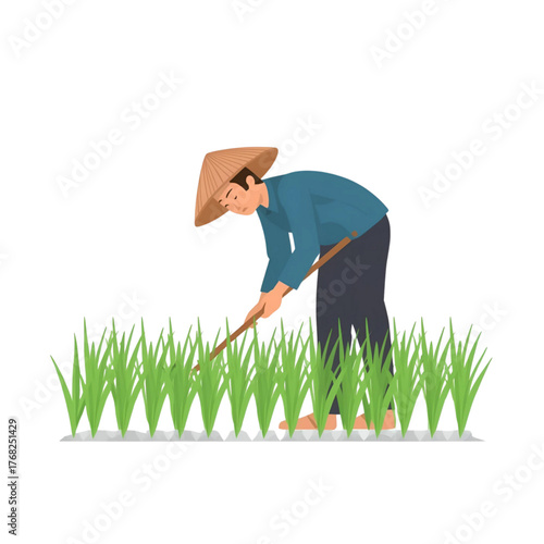 Farmer Working in Rice Field Illustration