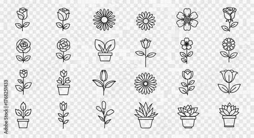 Collection of various flower and plant icons in outline style isolated on a transparent background created with generated ai