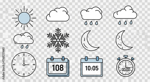 Illustration of weather icons including sun, clouds, snowflake, moon, and time related symbols created with generated ai