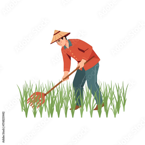 Traditional Farmer Working in Rice Field Illustration