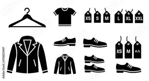 Illustration of clothing items including shirts, jackets, shoes, and size tags on a white background created with generated ai
