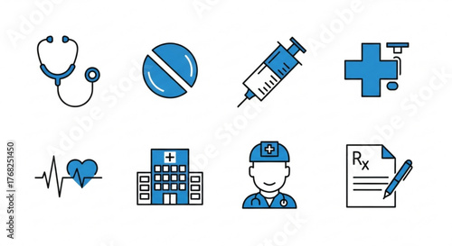 Illustration showing medical icons including stethoscope, pill, syringe, and hospital cross symbol created with generated ai