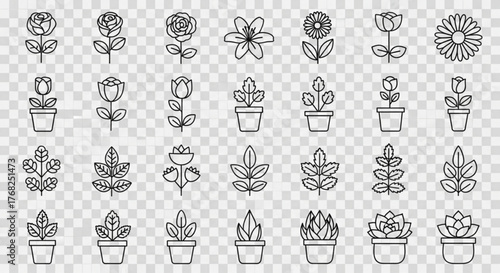Illustration of various flowers, plants, and succulents in pots with line art on a transparent background created with generated ai
