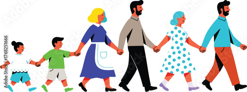 A large family walks together hand in hand, a symbol of unity and support