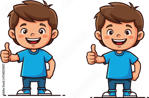 Cartoon boy character giving thumbs up, identical twin kids illustration, happy child pose, vector design for education, comparison, spot difference, fun