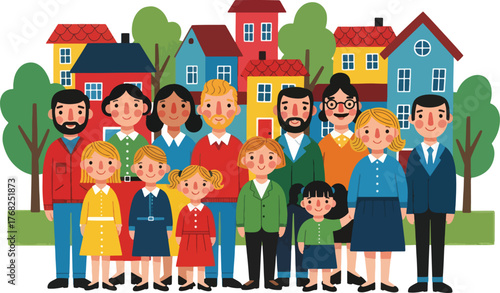 Diverse community of people standing together in front of colorful houses