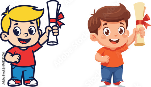 Cartoon boys celebrating success, holding diplomas, graduation certificate, academic achievement, smiling children, educational milestone, school reward, vector illustration, happy moment