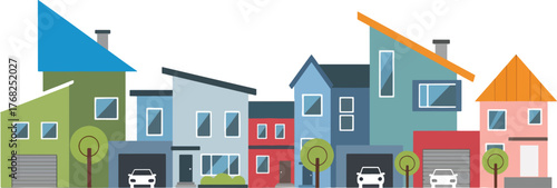 Colorful houses with cars parked in front of them, creating a vibrant neighborhood