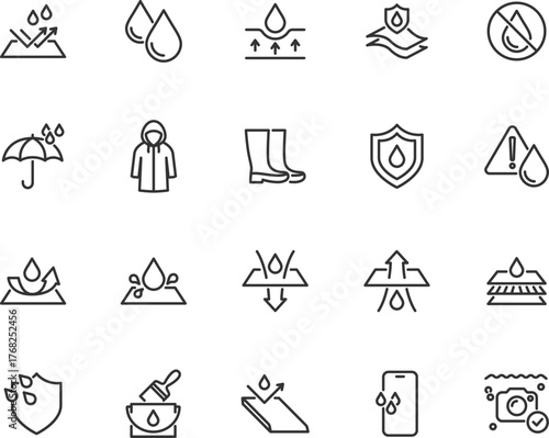 Vector set of waterproof line icons. Contains icons moisture repellent, waterproofing, absorbent, umbrella, raincoat, rubber boots and more. Pixel perfect.