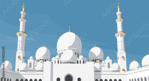 This flat design illustration depicts the majestic architecture of a mosque, symbolizing Islamic worship and community. Its clean lines and limited color palette offer a modern and versatile visual.